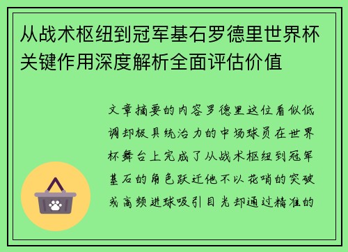 从战术枢纽到冠军基石罗德里世界杯关键作用深度解析全面评估价值